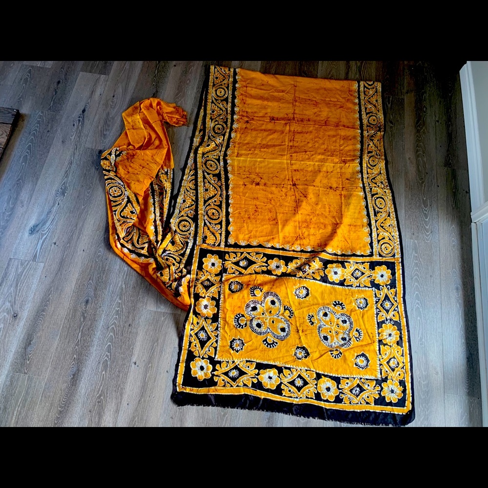 Patterned Tumeric Silk Sari / Shawl - image 1